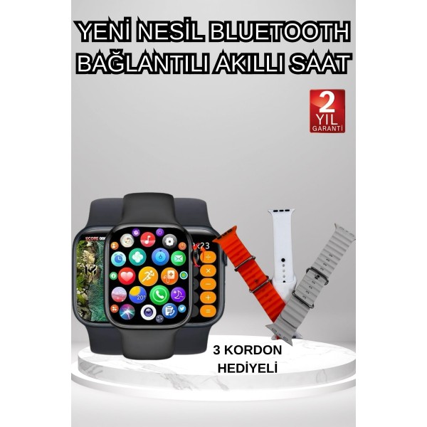 Akıllı Saat Arama Görüşme Bildirim Görme Uyku ve Sağlık Takibi Nabız Ölçer 3 Kordon Hediyeli