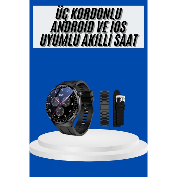 Amoled Ekran Akıllı Saat Üç Kordonlu İOS Android Uyumlu