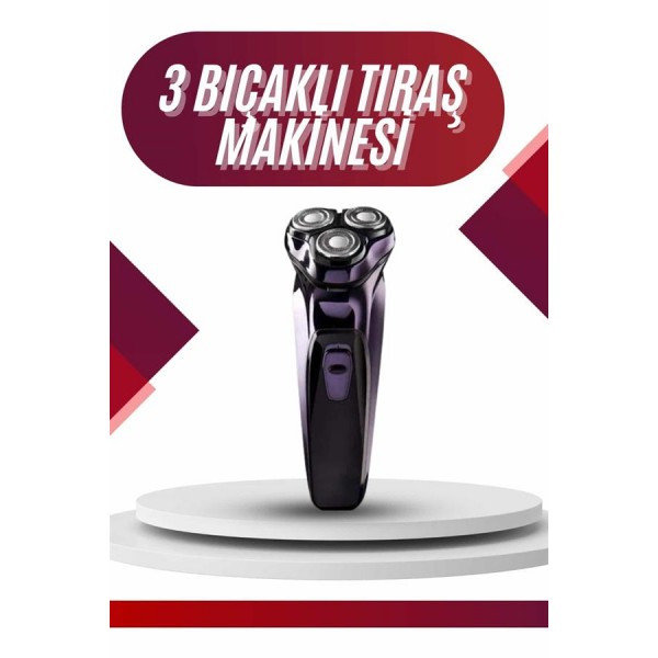 3 Bıçaklı Döner Başlıklı Sakal Sıfır Alma Tıraş Makinesi Profesyonel Paslanmaz Çelik