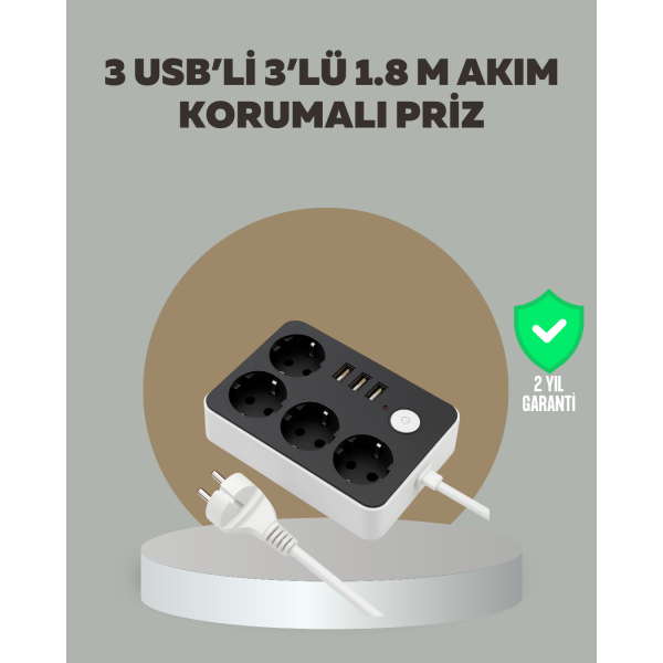 4 Prizli 3 USB Portlu Anahtarlı Akım Korumalı Priz