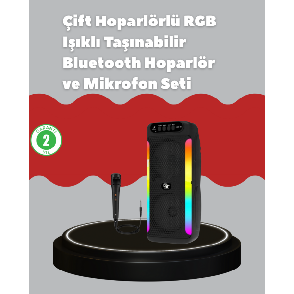 Çift 4 inç Hoparlörlü RGB Işıklı Bluetooth Ses Sistemi
