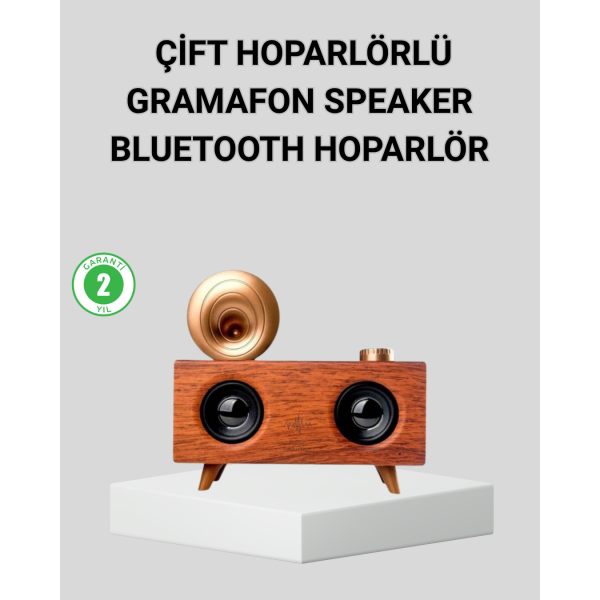 Retro Gramafon Bluetooth Hoparlör Çift Stereo Sesli FM Radyo Destekli