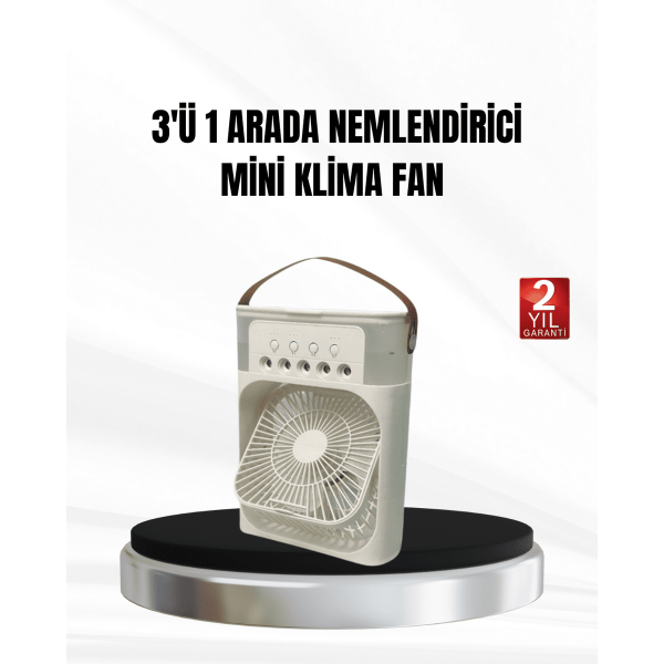 3’ü 1 Arada Mini Klima Fan USB Şarjlı, 7 Renk Gece Lambalı ve Nemlendirici