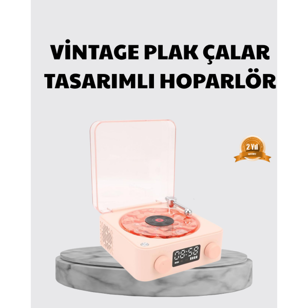 3-ü-1 Gece Işığı Bluetooth Hoparlör ve Dijital Saat Vintage Plak Çalar Tasarımlı
