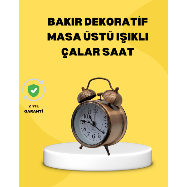Dekoratif Bronz Renk Metal Alarmlı Masa Üstü Saat Klasik Tasarım