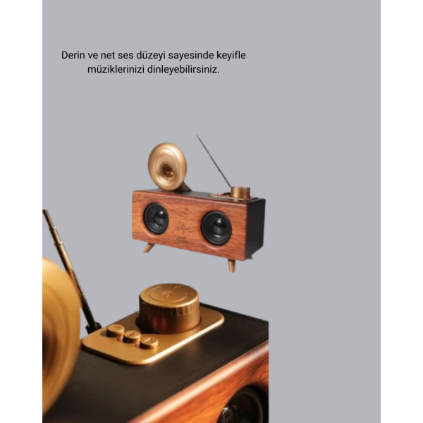Retro Gramafon Bluetooth Hoparlör Çift Stereo Sesli FM Radyo Destekli