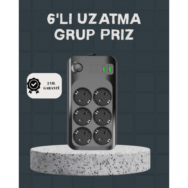 Termal Akım Korumalı 6’lı Uzatma Priz USB Type-C Hızlı Şarj 2500W