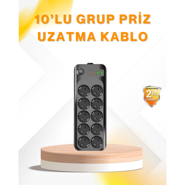 10’lu Çoklu Priz Termal Korumalı USB Type-C Çıkışlı 2500W Uzatma Kablosu