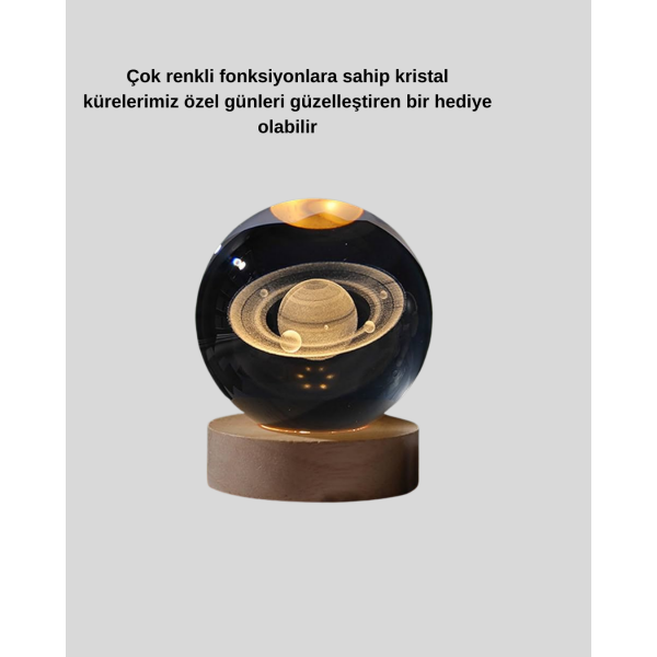 Satürn Desenli Kristal Küre LED Gece Lambası Ahşap Standlı