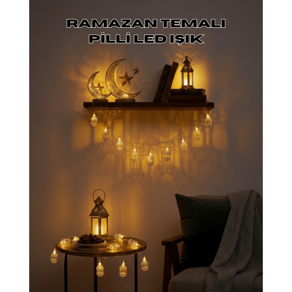Altın Fener Detaylı Pilli Ramazan LED Işık Ev Dekorasyonu