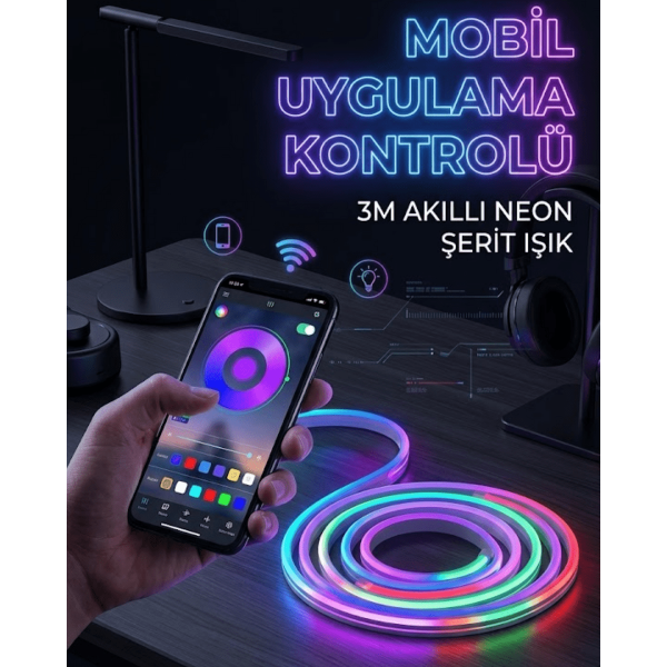 3 Metre RGB Neon LED Şerit Işık Su Geçirmez Kumandalı ve Uygulama Kontrollü Dekoratif Aydınlatma