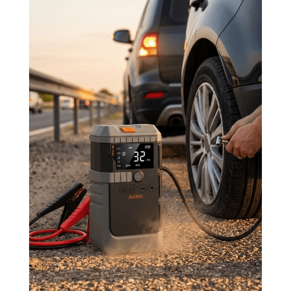 Araç Akü Takviye Powerbank Lastik Şişirme Kompresörü LED Işıklı Çok Fonksiyonlu Acil Durum Cihazı