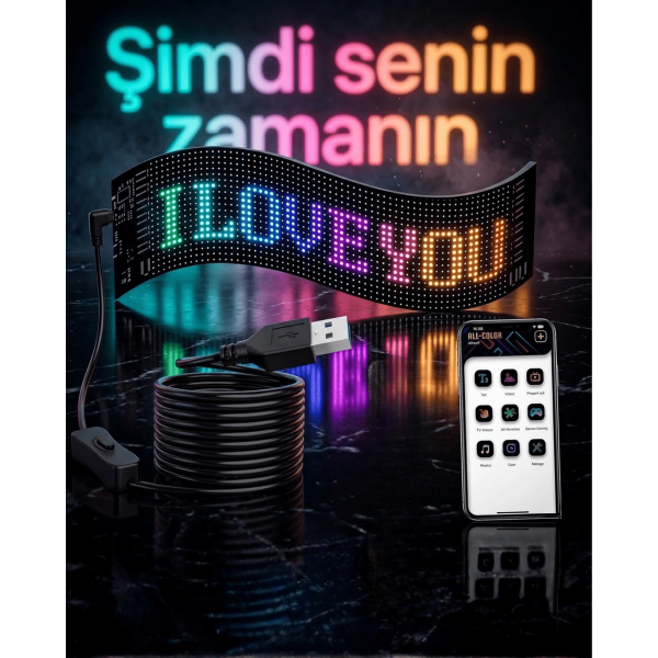 60 cm LED Matrix Panel 16x96 Piksel Bluetooth Kontrollü RGB Kayan Yazı Ekranı