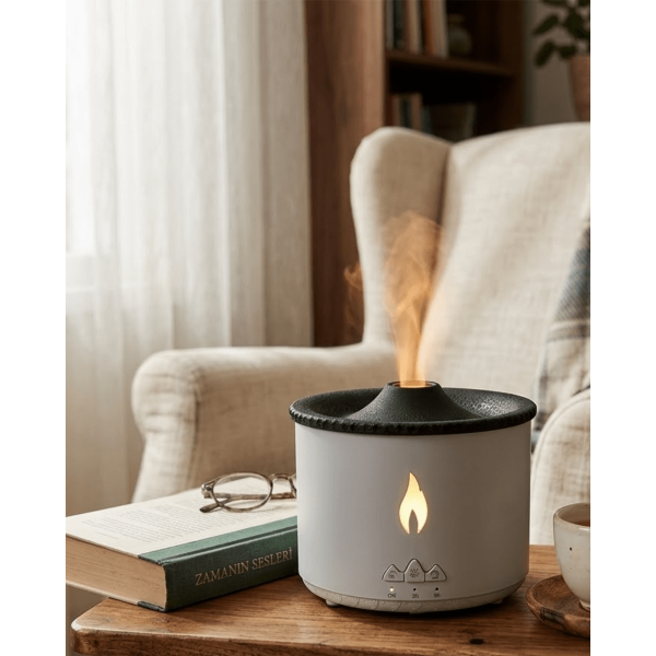 LED Alev Efektli Aroma Difüzörü Ultrasonik Hava Nemlendirici Gece Lambası Fonksiyonlu